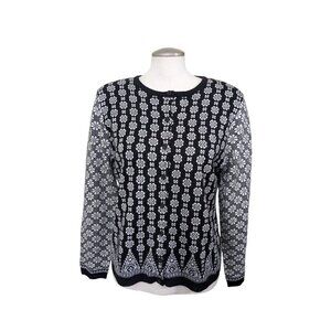 Vintage Cabi Cardigan Sweater Wool Blend Womens Large Black White Floral Button